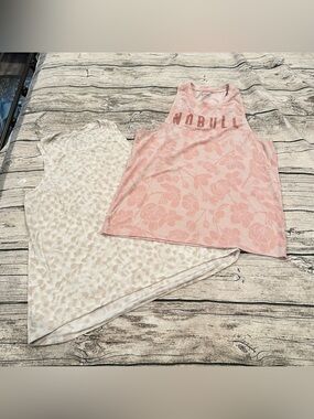 2 Workout Tanks: NOBULL Pink Floral and Calia by Carrie Underwood Beige Size Med
